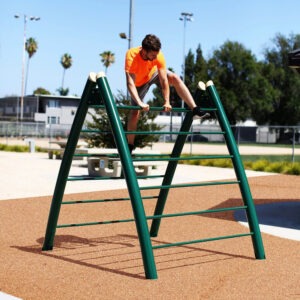 A man climbing over the a frame ladder