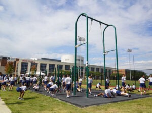 ROTC students using outdoor fitness equipment