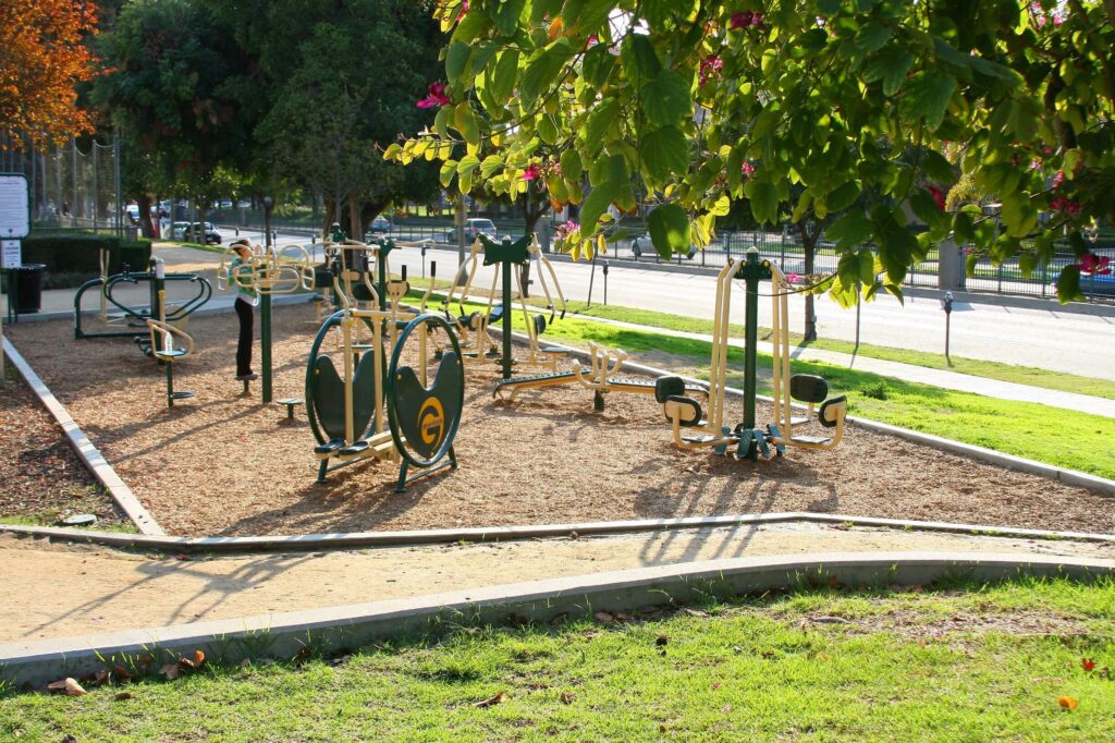 An outdoor gym with at a park with trees