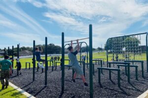 Two teens exercising on pull-up bars in the JROTC Package