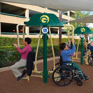 Two women using the wheelchair accessible butterfly and reverse fly