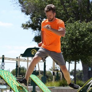 A man using the slanted jump boards