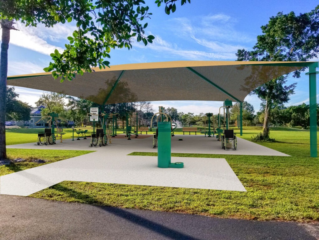 3D Composite of fitness zone with shade at a park