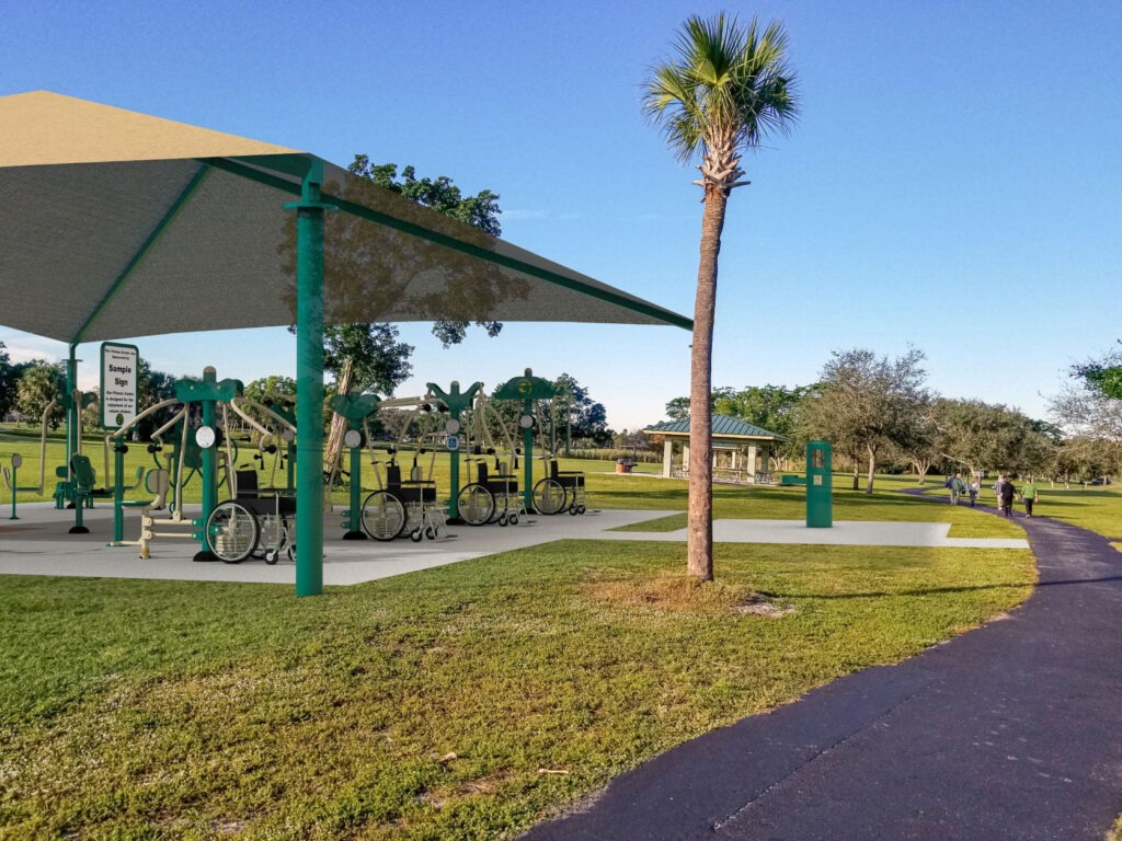 3D Composite of fitness zone with shade at a park