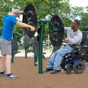 One man in a wheelchair and another man stretching on the 2-Person Accessible Shoulder Wheel