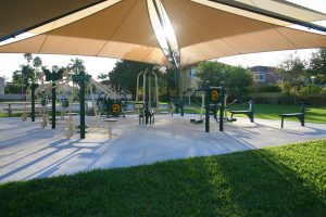 A cluster of exercise equipment under shade