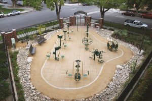 A cluster of outdoor fitness equipment at Garfield Fitness Park