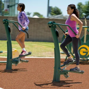 Two women using two adjustable resistance steppers